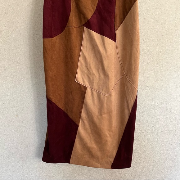 Ramy Brook Odette Patchwork Faux Suede Dress Size O Brown Burgundy Western Boho - Picture 5 of 11